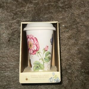 Lenox White Travel Mug with Pink Floral and Green Leaf Design
